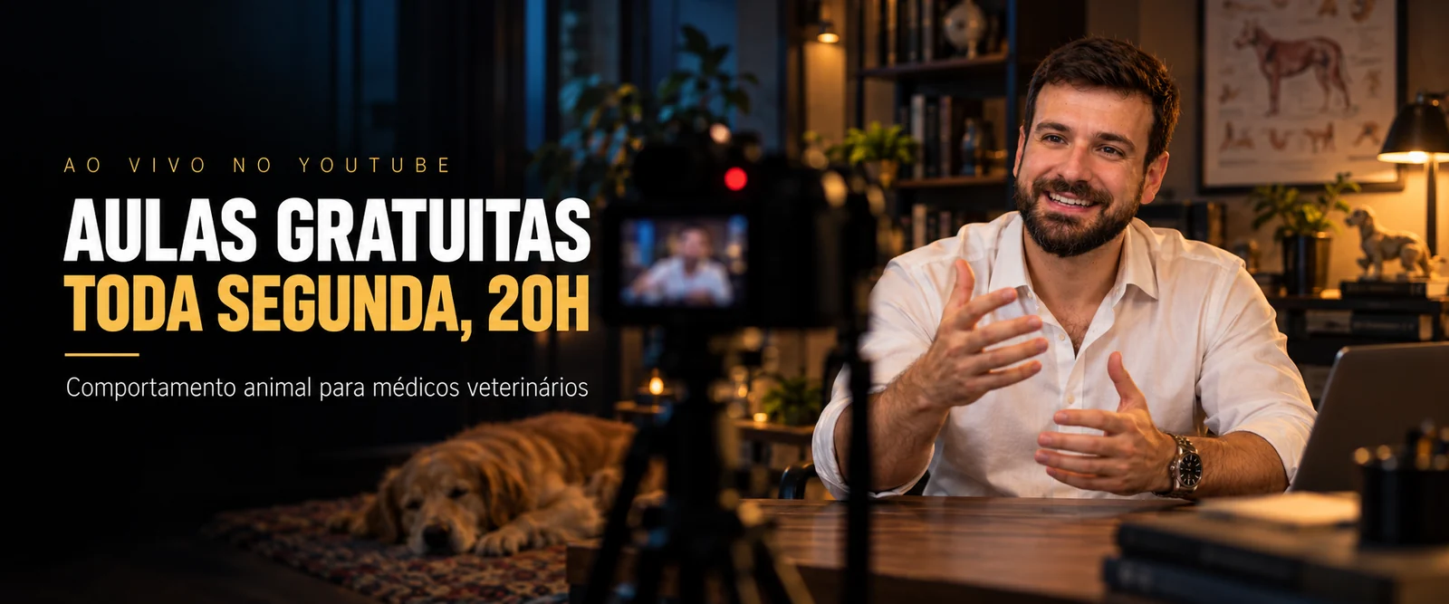 Aulas gratuitas de comportamento animal com Felipe Cambruzzi, ao vivo no YouTube toda segunda-feira às 20h, para médicos veterinários